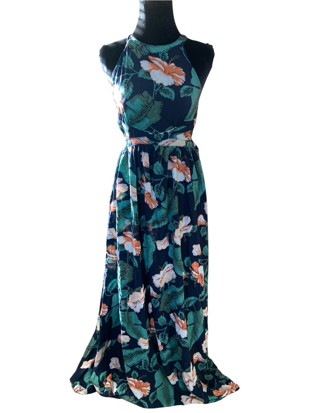 Lulu's Navy Tropical Floral Maxi Dress Crisscross Back Wedding Garden Party M - Picture 2 of 6